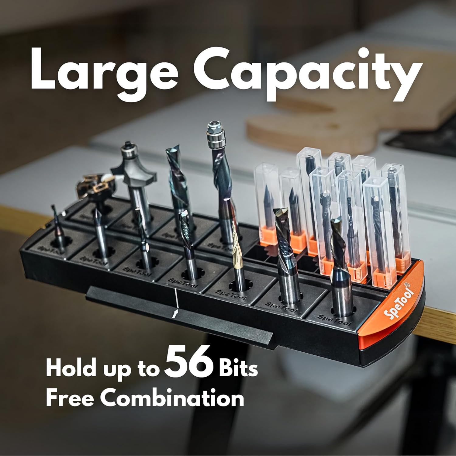 SpeTool Router Bit Storage Tray, Versatile 14 Bit Bases for 1/2 and 1/4 inch Shank Router Bit or 13*13mm Router Bit Box, Router Bit Holder Organizer Holds Up to 56 Router Bit (Black)