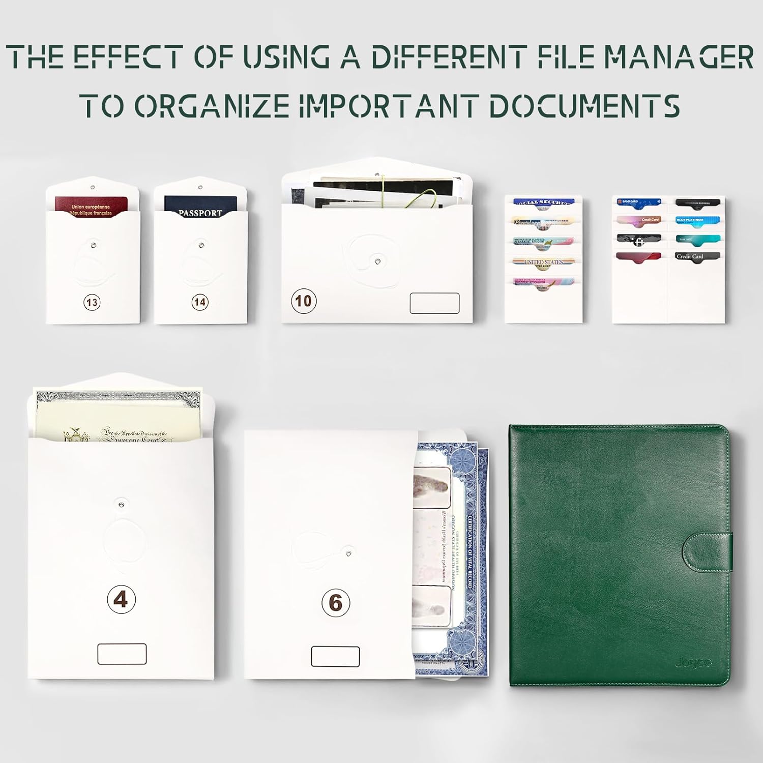 JOYCE Important Document Organizer, 14 Expandable Pockets, 13 Card Slots, for A4 Paper/Letterhead/Cards, with 2 Label Stickers, Suitable for Home, Office, School Use (Olive Green - Leather)