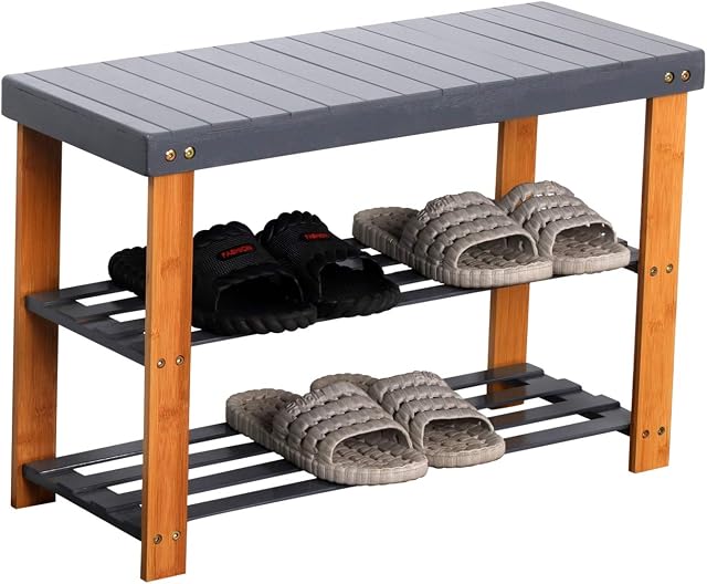 Xpork 3-Tier Bamboo Shoe Rack Gray Shoe Bench Rack Shoe Shelf Storage Organizer Ideal for Hall Hallway Bathroom Living Room and Corridor 69 x 27 x 45 cm