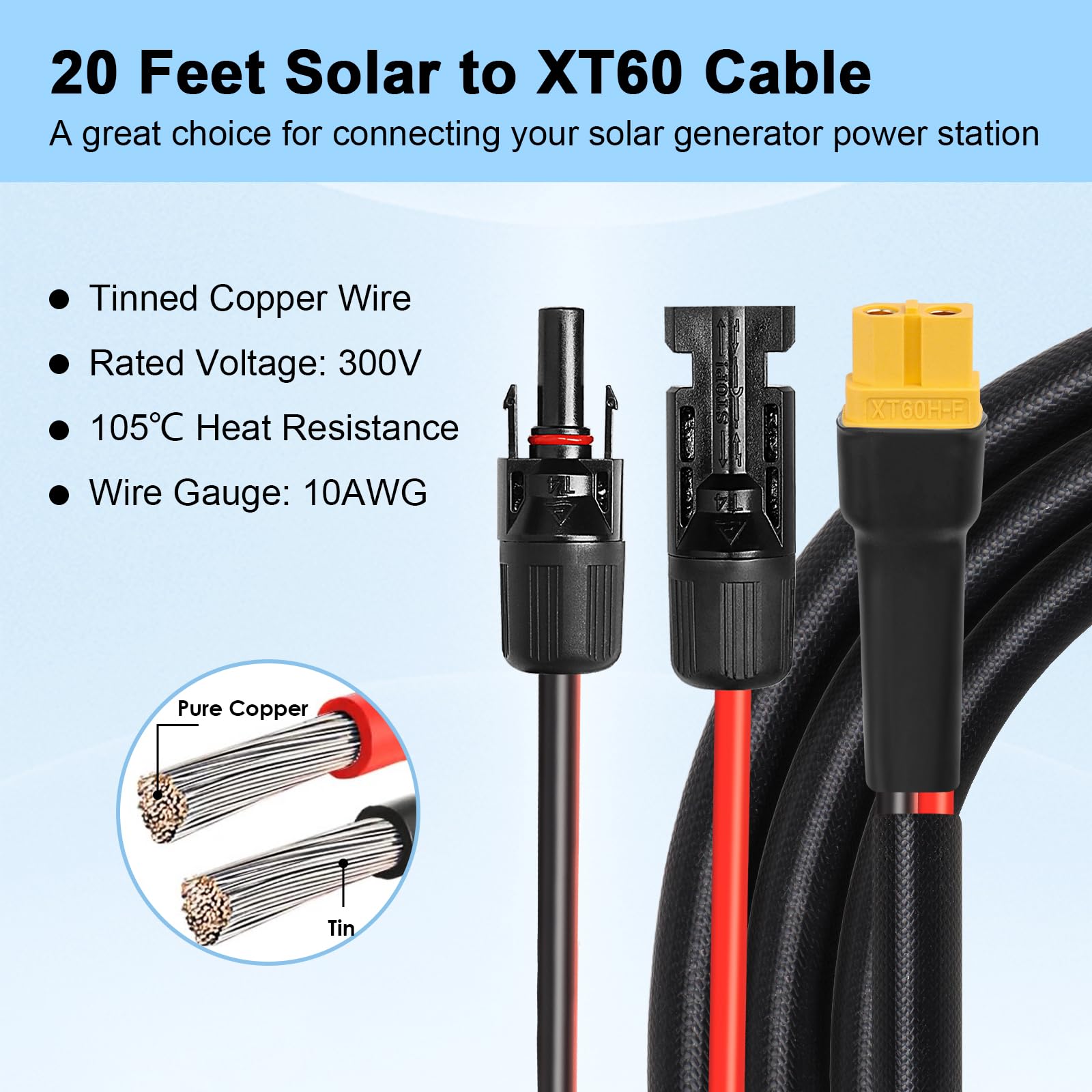 MOOKEERF Cable solar a XT60 de 10 AWG, conector solar a XT60, cable adaptador para panel solar a batería, estación de energía portátil, generador solar, 20 pies
