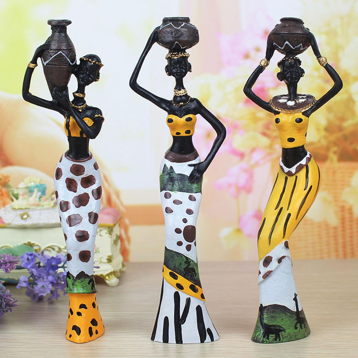 Alnicov Set di 3 Sculture Africane, Statue di Donne Tribali Dipinte a Mano per Soggiorno, Studio, Camera da Letto, Arredamento per La Casa, Statue di Donne Africane in Resina