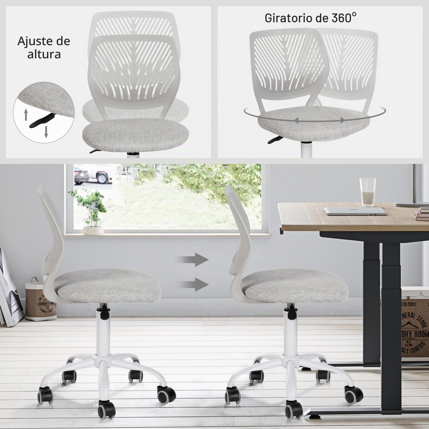 FurnitureR Silla de Escritorio para niños, Silla giratoria de Altura Ajustable con diseño de Respaldo de Agujero pequeño, Adecuada para Dormitorio de niños o Sala de Estudio, Gris molandi, 38 x 39 x