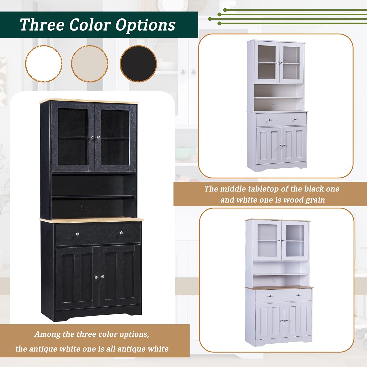 70.9 Inch Kitchen Pantry Cabinet,Freestanding Floor Cabinet with Open Shelf,Wood Freestanding Kitchen Pantry with Adjustable Shelves and Middle Tabletop for Living Room (White) (Black)