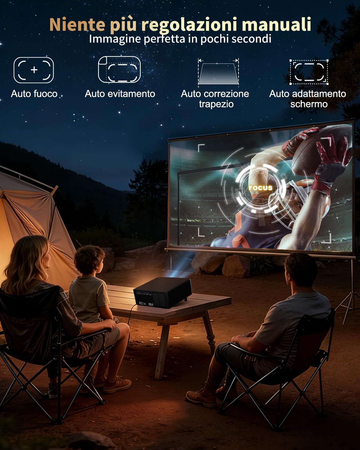 Proiettore 4K intelligente, 1080P nativo Full HD per esterni (giardino/camera da letto), 1200 ANSI, tiro corto, messa a fuoco automatica, correzione Keystone, audio HiFi, WiFi 6, app integrate