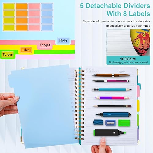 Miniatura 5 de Cuaderno de espiral con tapa dura, de 8 x 10 pulgadas, separadores y divisores extraíbles, 300 páginas, 5 asignaturas, a rayas, de piel sintética,