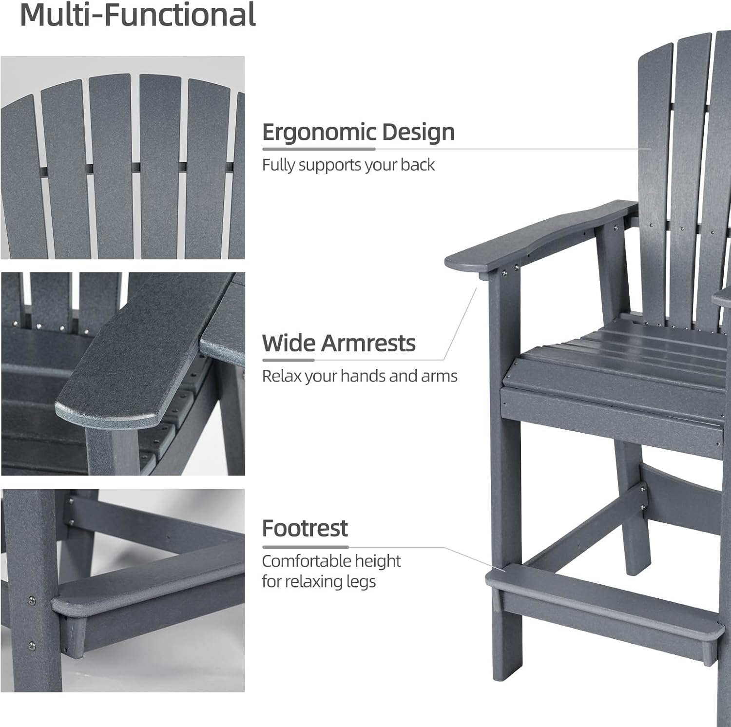 Aoodor Tall Adirondack Chairs Set of 2,HDPE Patio Bar Stool with Connecting Tray,All-Weather Balcony Chair for Outdoor Backyard, Garden, Yard - Gray