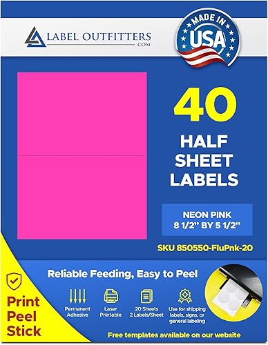 40 Label Outfitters® - Etiquetas láser fluorescentes color rosa neón magenta, 8-1/2 x 5-1/2 pulgadas, media hoja o media página