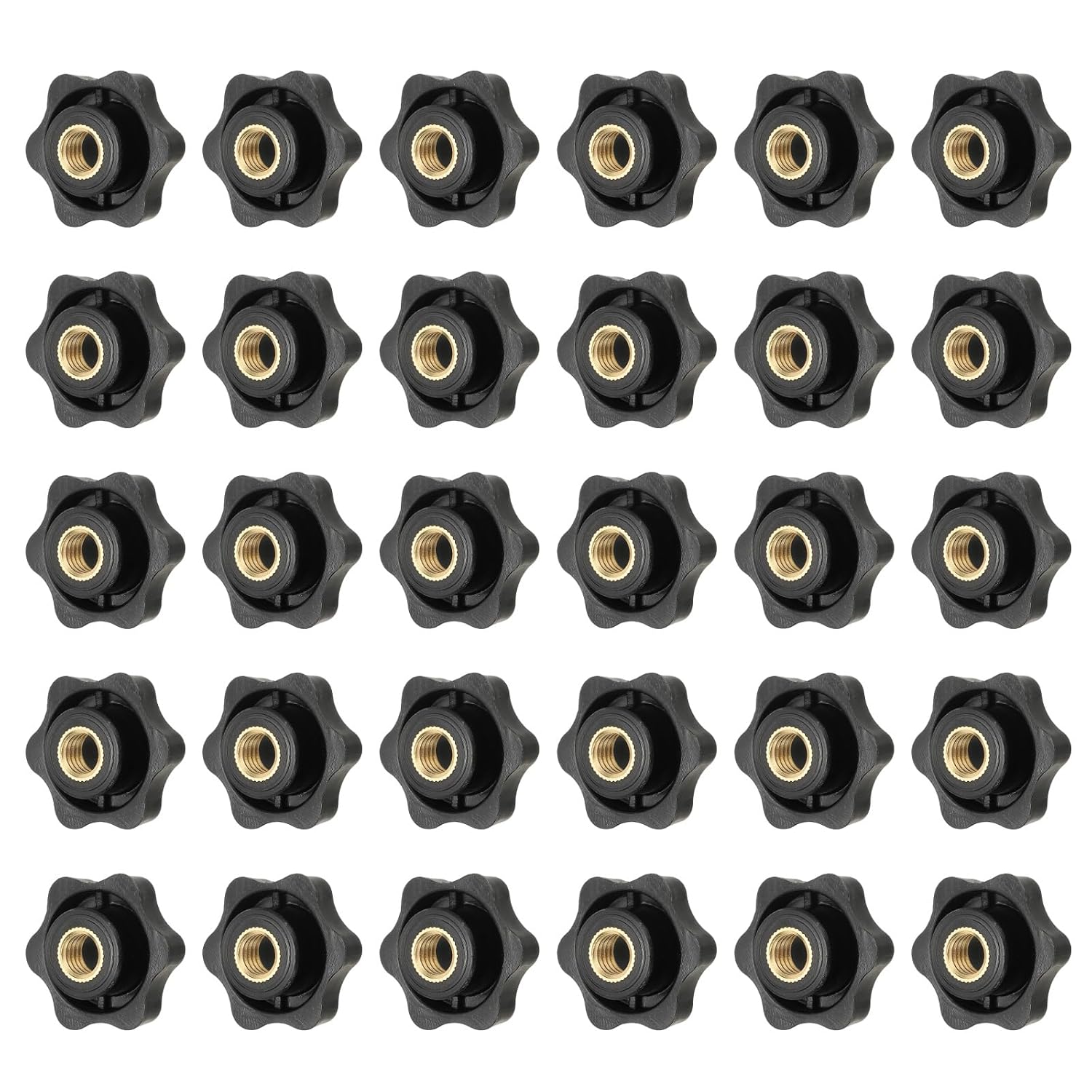 Clamping Nuts Knob Plastic Screw-On Copper Star Knobs Knurled M10 Female Threaded Hexagon Head, 1.5 Inch Head Diameter Fit for Lawn Mower Handle Machinery (30 Pack, Black)