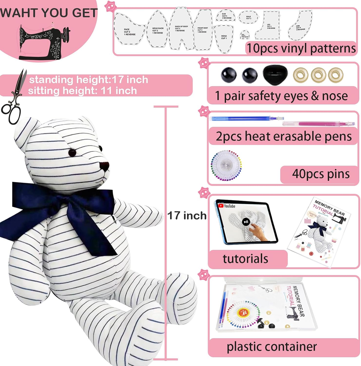 Topapfo Large 17 Inch Memory Bear Sewing Patterns for Beginners, Plastic, Easy Teddy Bear Patterns Templates with Detailed Instruction, Safety Eyes Noses Pins (17 Inch)