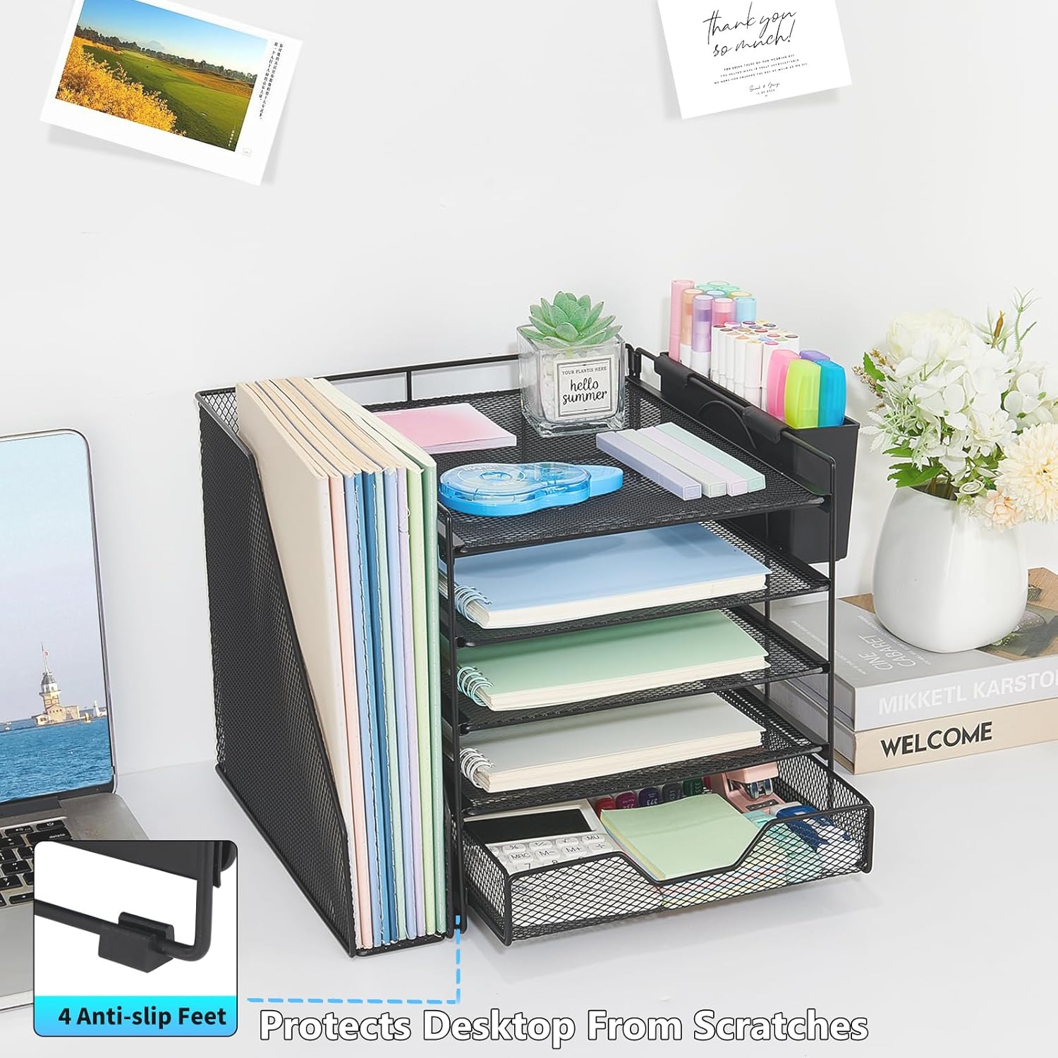 Desk Organizer, 5-Tier Paper Letter Tray Organizer with File Holder, Drawer and Pen Holder, Desktop Organizer for Office Supplies, Black - Image 5