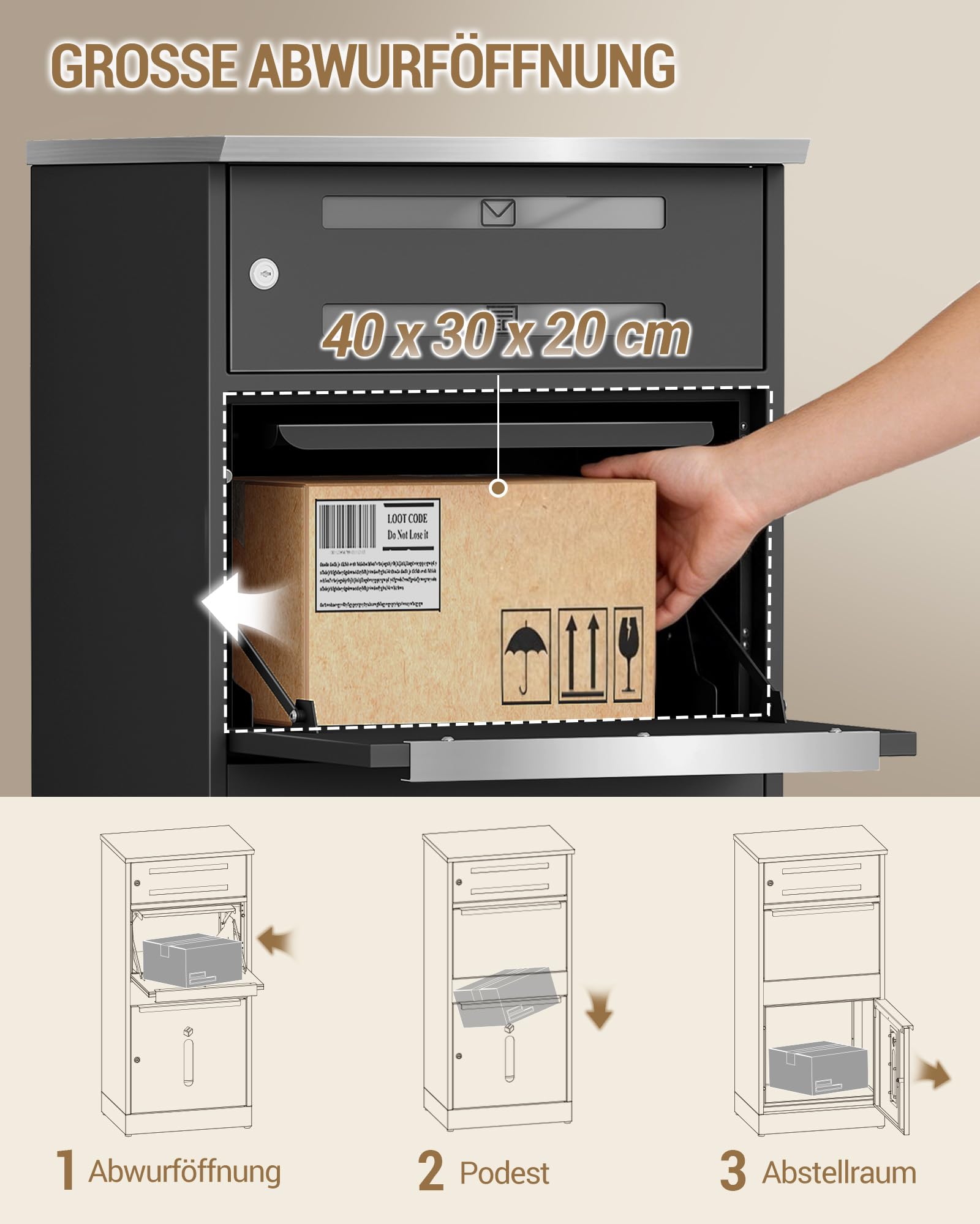 Hzuaneri Paketbox, Paketbriefkasten XXL mit Paketfach, Schwarz | Sichtfenster, Stahl, Abschließbar, Standbriefkasten für Pakete und Briefe, Wetterfester, 2 Schlüssel, MB10199GR