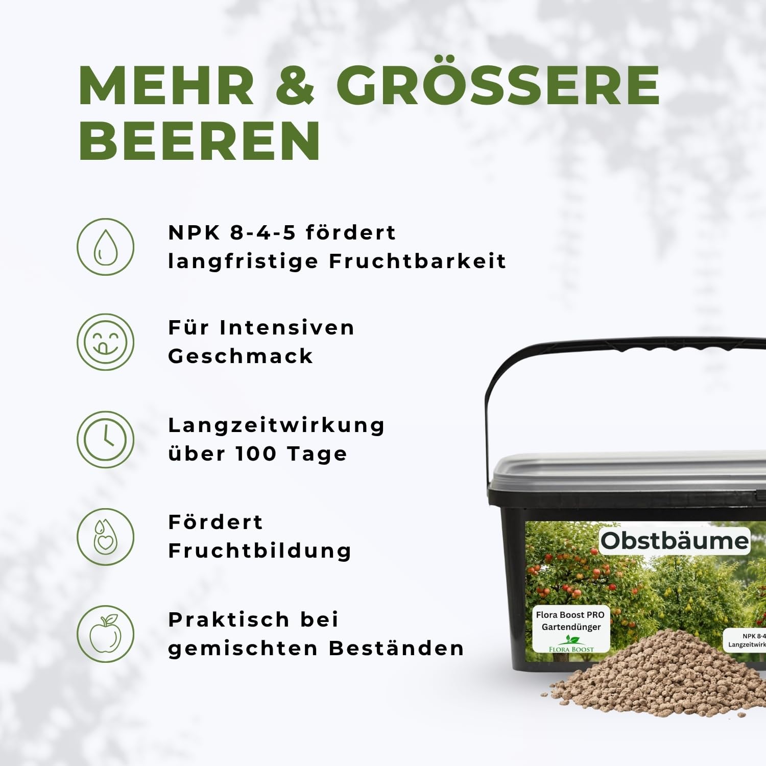 Flora Boost PRO Obstbaum Dünger Langzeitwirkung I NPK 8-4-5 Granulat für Apfel-, Birn-, Kirsch- & Pflaumenbäume I Organisch-mineralischer Baumdünger für gesundes Wachstum & reiche Ernten