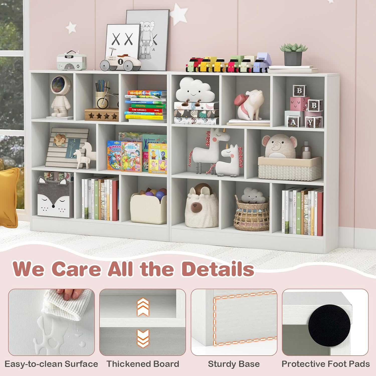 HONEY JOY Kids Toy Storage Organizer, 8-Section Wooden Floor Storage Cabinet, 41” Daycare Toy Chest, 3-Tier Kids Display Bookshelf for Classroom, Playroom & Nursery, Kindergarten (White)