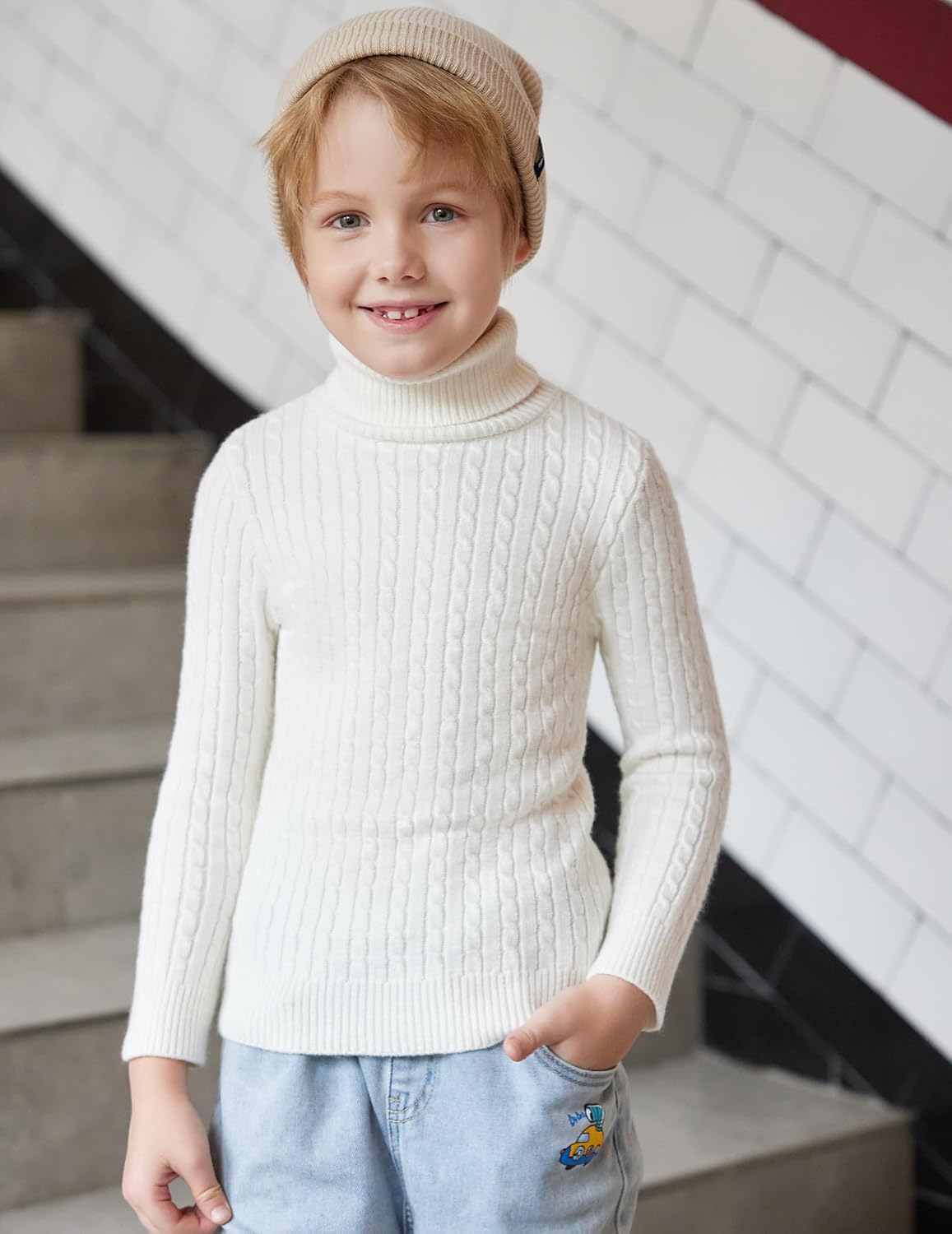 Arshiner Boy's Ribbed Turtleneck Cable Knitted Sweater Slim Fit Pullover Sweater for Kids 4-13 Years
