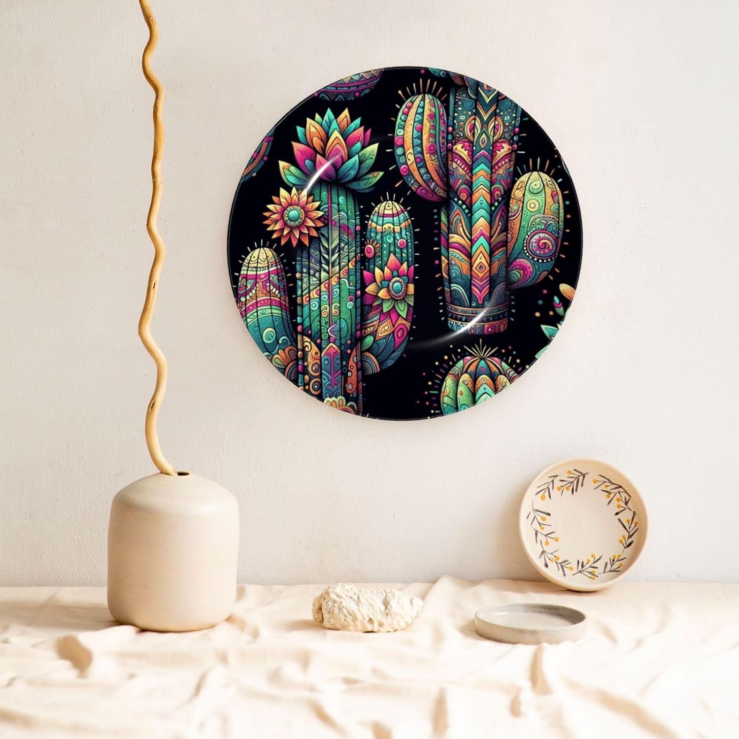 Colorful-Cactus 10 Inch Decorative Plate With Stand, Elegant Display Wall Plate For Home Decor