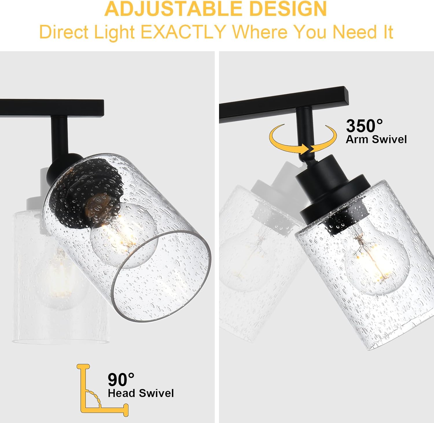 6-Light Black Track Lighting Kit Ceiling Mount Kitchen Track Lighting Fixtures, Bathroom Ceiling Tracking Vanity Light with Bubble Seeded Glass Shade & Rotatable Tracking Heads for Accent Shop