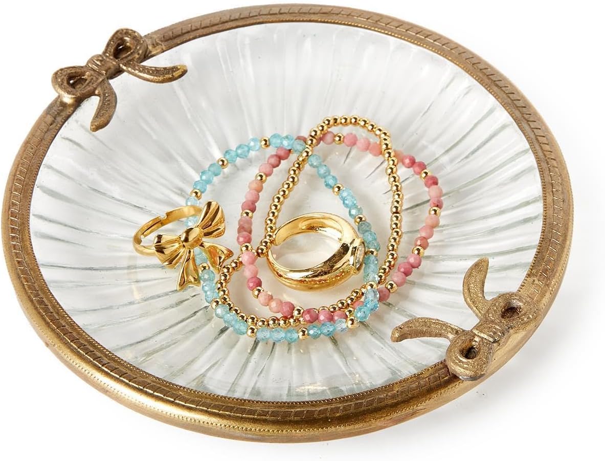 Two's Company Round Glass Trinket Tray with Bow Accent, 5.25-Inch, Glass, Antique Gold Finish