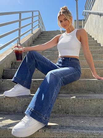 Trendy Queen Women's Wide Leg Jeans High Waisted Straight Leg Jeans Stretchy Baggy Denim Pants