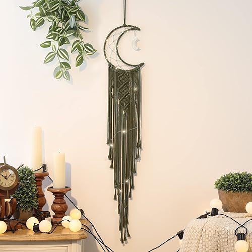Colgante de pared de macramé bohemio para niños, atrapasueños de media luna y estrella de crochet con borlas largas, decoración de algodón oliva