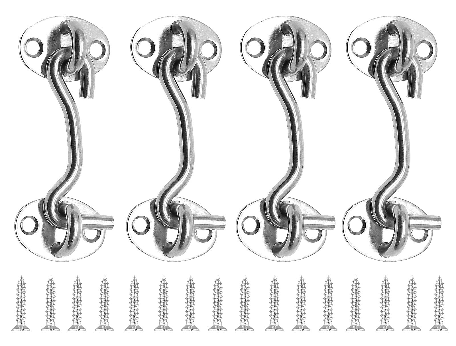 Waziaqoc Lot de 4 loquets à crochet et œillet de 7,6 cm en acier inoxydable robuste avec vis de montage pour porte coulissante, porte de grange, fenêtre, cabine - Argenté