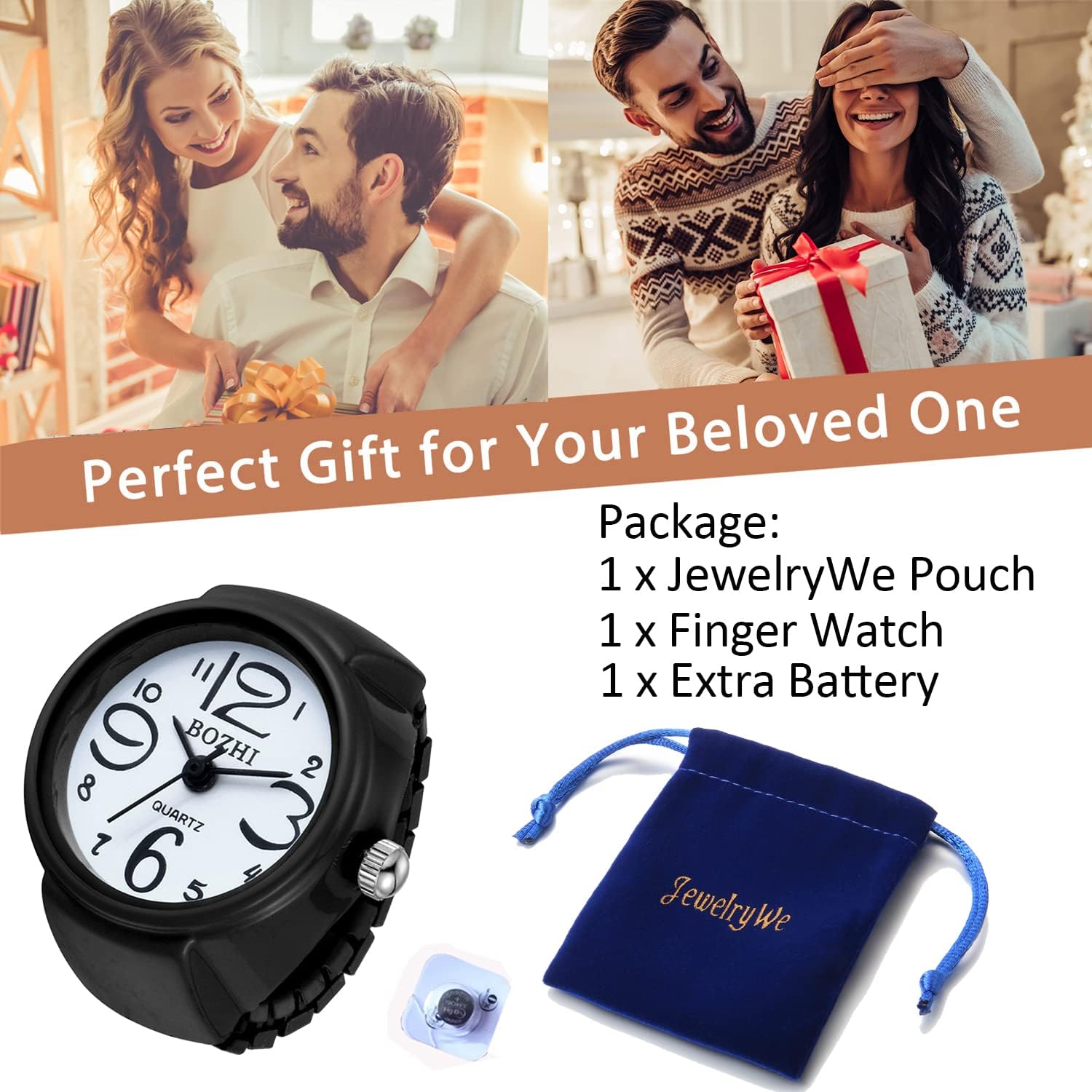 JewelryWe Men Women Finger Watch Round Analog Easy Read Quartz Finger Rings Watches, Adjustable Size for Mother's Day