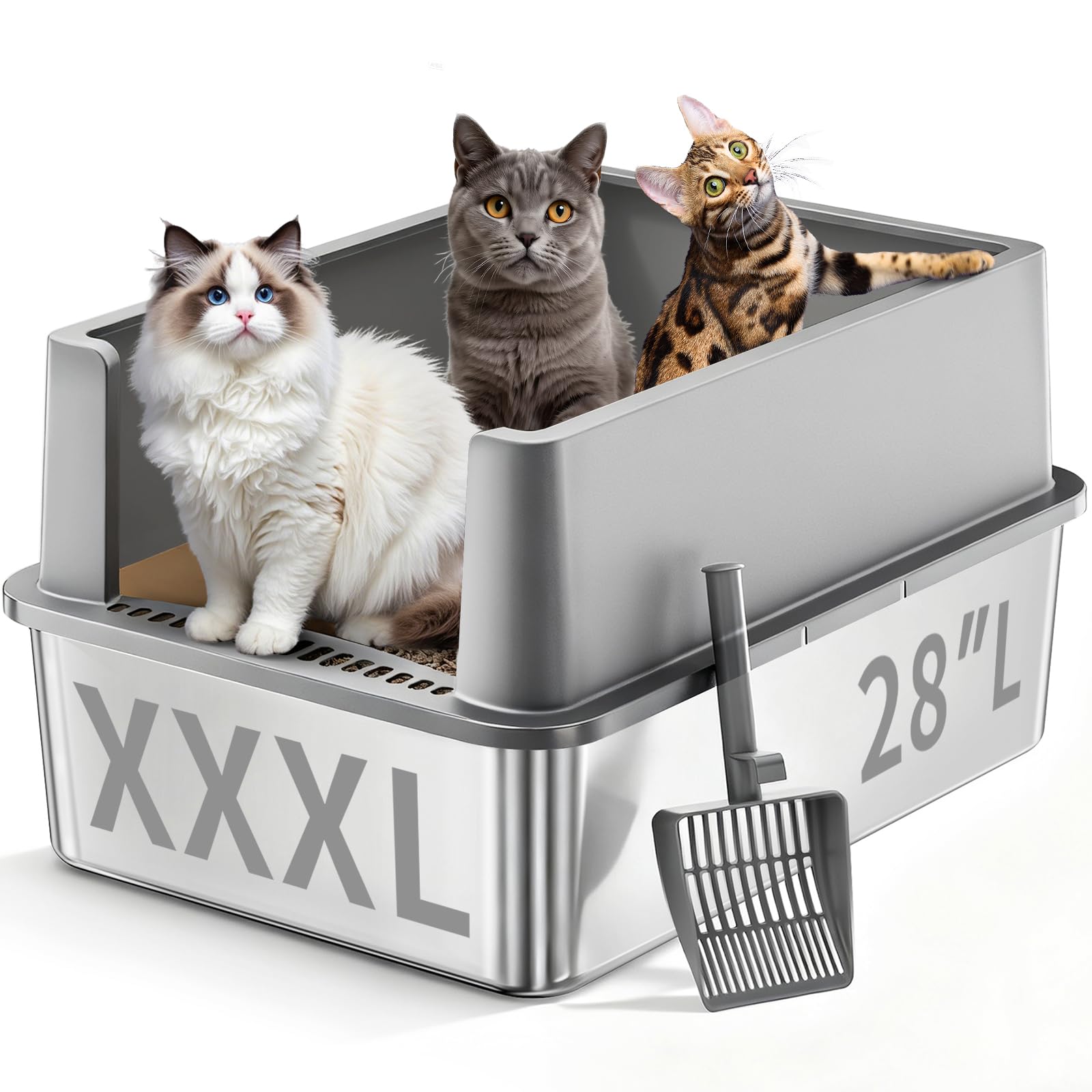 XXXL Stainless Steel Litter Box,28"L*20"W*12.5"H Large Capacity Metal Cat Litter Box for Big & Multiple Cats,Anti-Leakage,Non-Stick Surface for Easy Cleaning,Odor-Resistant,Scratch-Resistant