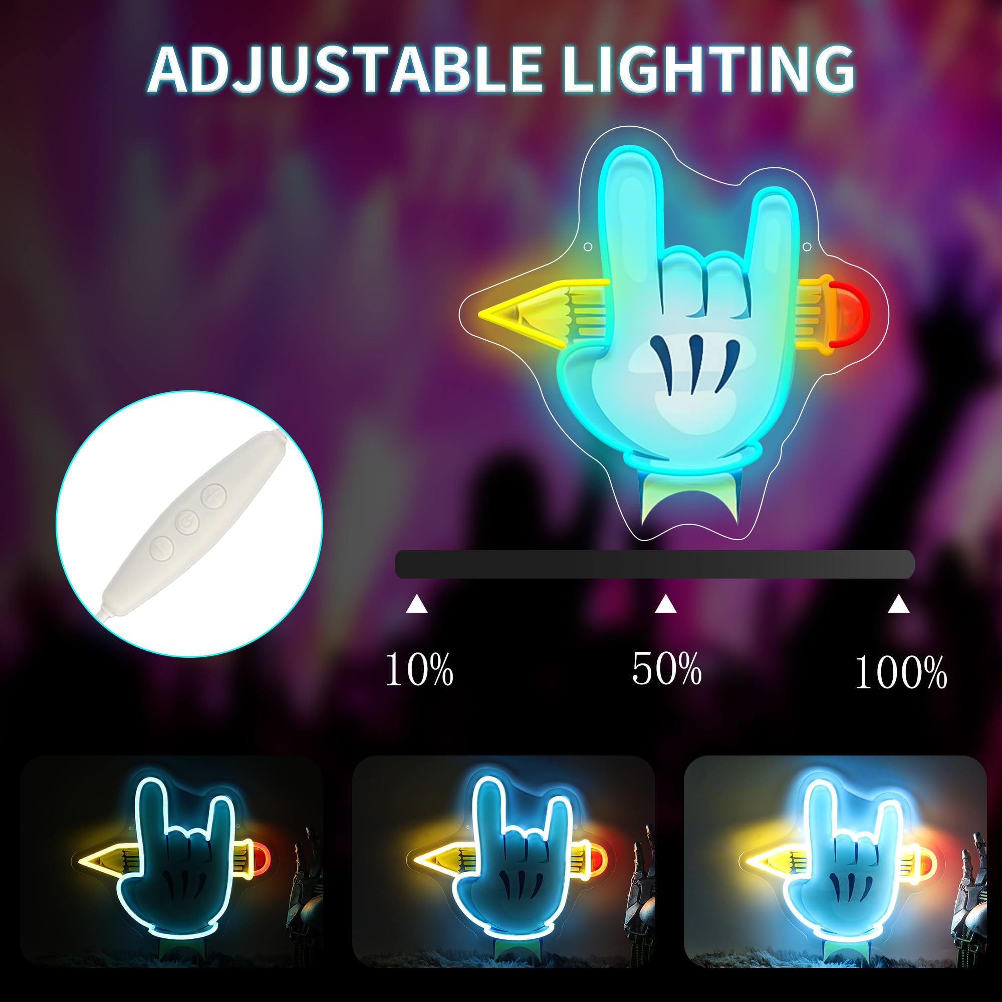Rock Hand LED Neon Sign USB Powered for Wall Decor, Matita Neon Night Light Sign dimmerabile per la decorazione della stanza del partito della musica Regali di compleanno