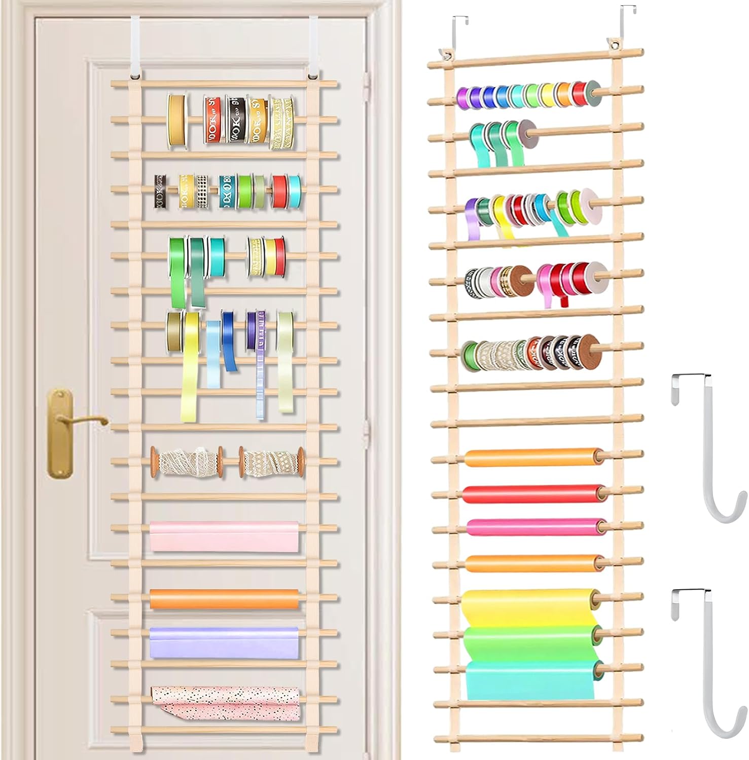 Over The Door Ribbon Organizer ：20 Tier Wood Wrapping Paper Display Rack Large Gift Paper Storage Easy wall Door Mount Multiple Mounted Ribbon Holder Rack Craft Room Roll