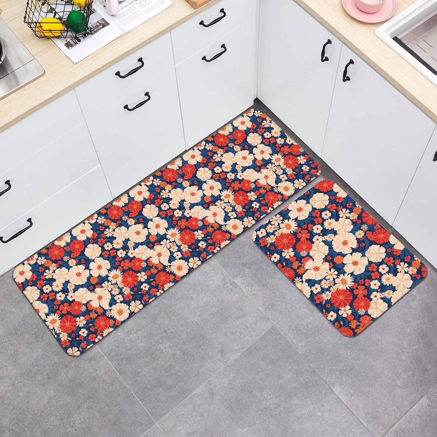 Prime Leader Independence Day Kitchen Mat Set 2 Pieces Red White Daisy Retro 4th of July Non Slip Kitchen Rugs Washable Runner Rug Mats for Sink Laundry (23.6" x 35.4"+23.6" x 70.9")