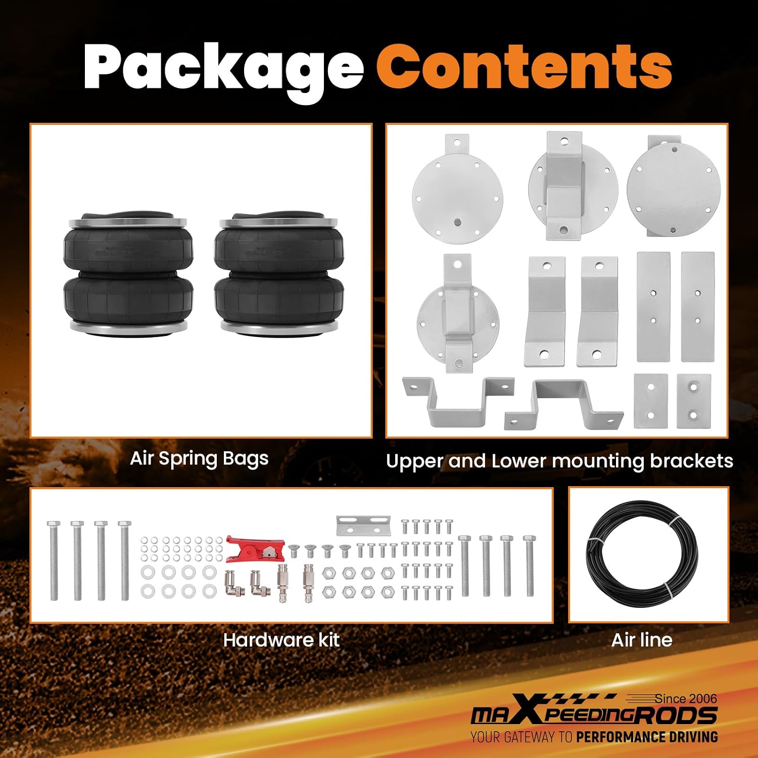 Detailed image of all components included in the maXpeedingrods air suspension kit: air spring bags, upper and lower mounting brackets, hardware kit, and air line.