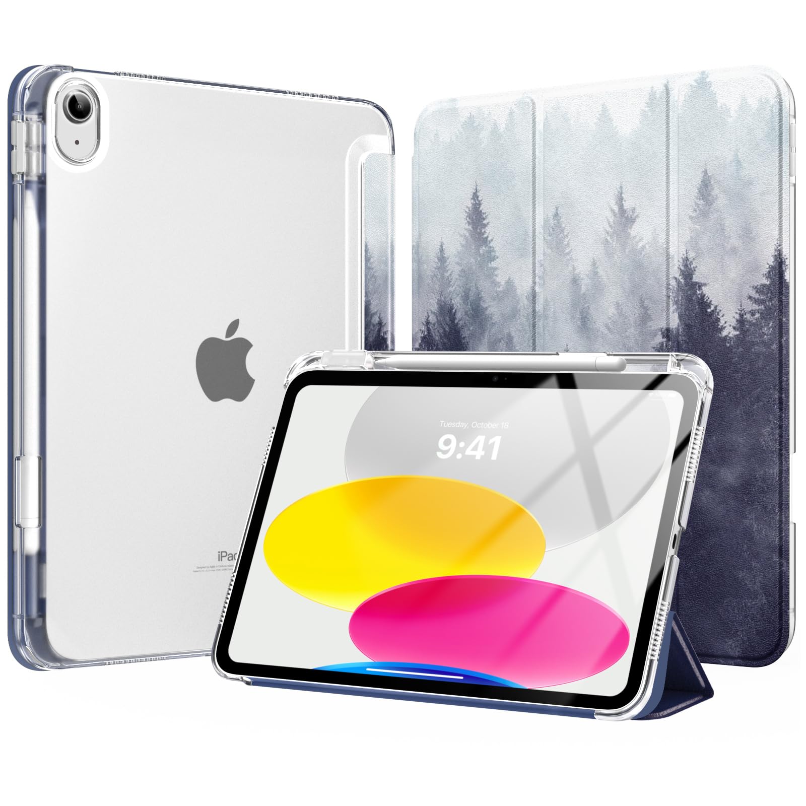 MoKo Hülle für iPad (A16) 11. Generation 11 Zoll 2025, iPad 10. Generation 10,9 Zoll 2022 mit Stifthalter, Schlank Leicht Trifold Schutzhülle mit Hart PC Transparente Rückseite, Grauer Wald