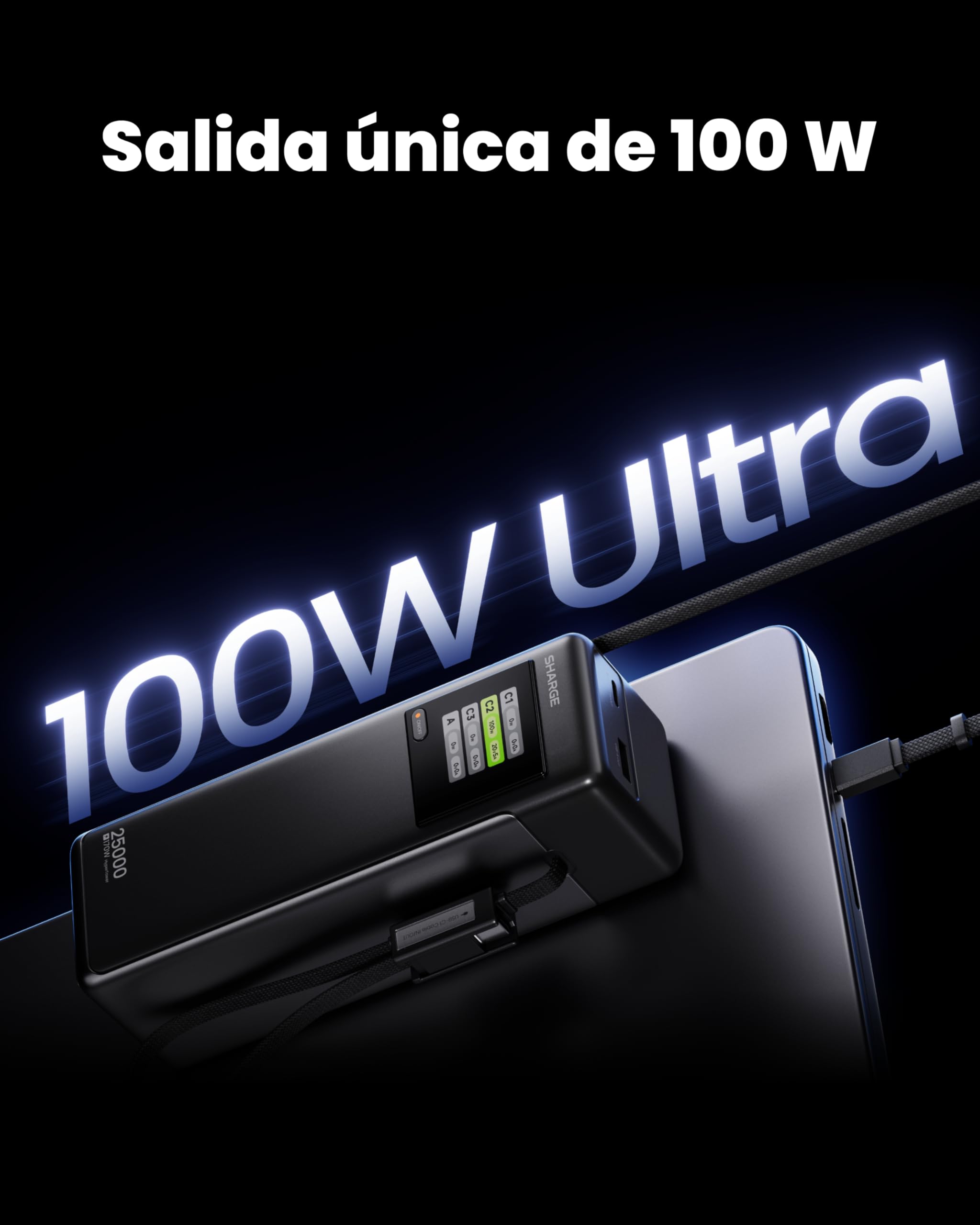 sharge Laptop Power Bank 170W, HyperTower 170 Cargador Rápido 25000mAh con Cables Integrados Retráctiles Portátil, Pantalla TFT Smart, 4 Puertos USB (WH-EU)