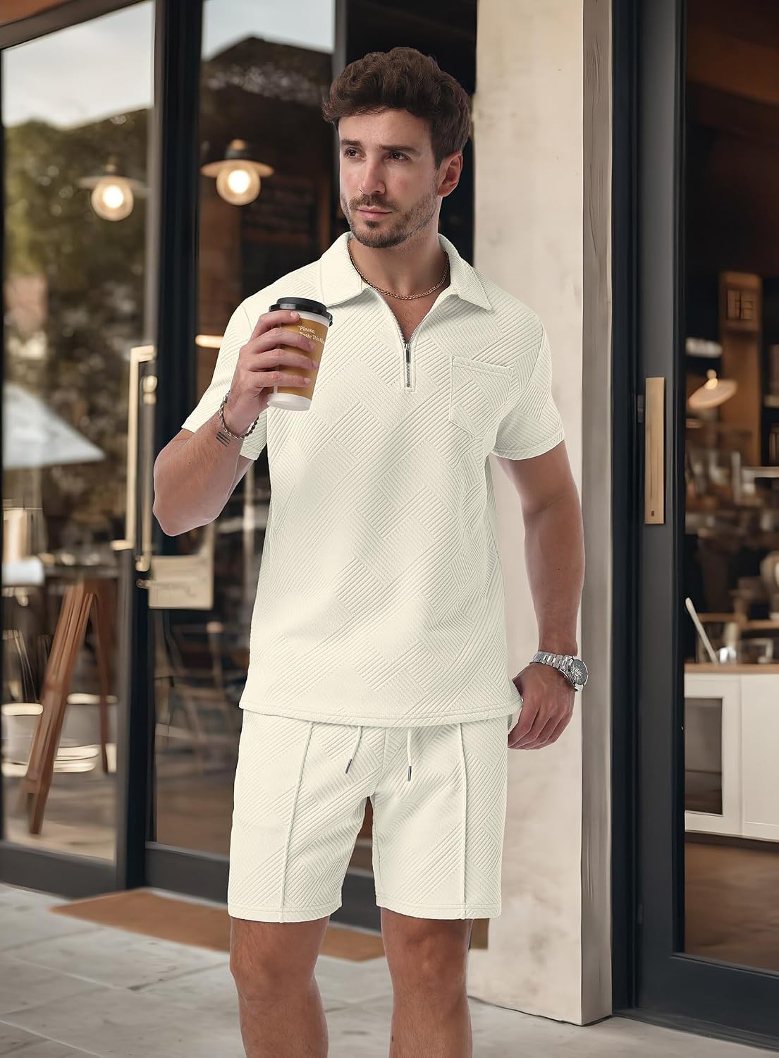 Askdeer Mens Short Sets 2 Piece Summer Track Suits Short Sleeve Sweatsuit Outfits 1/4 Zip Golf Polo Shirts Loungewear image 5