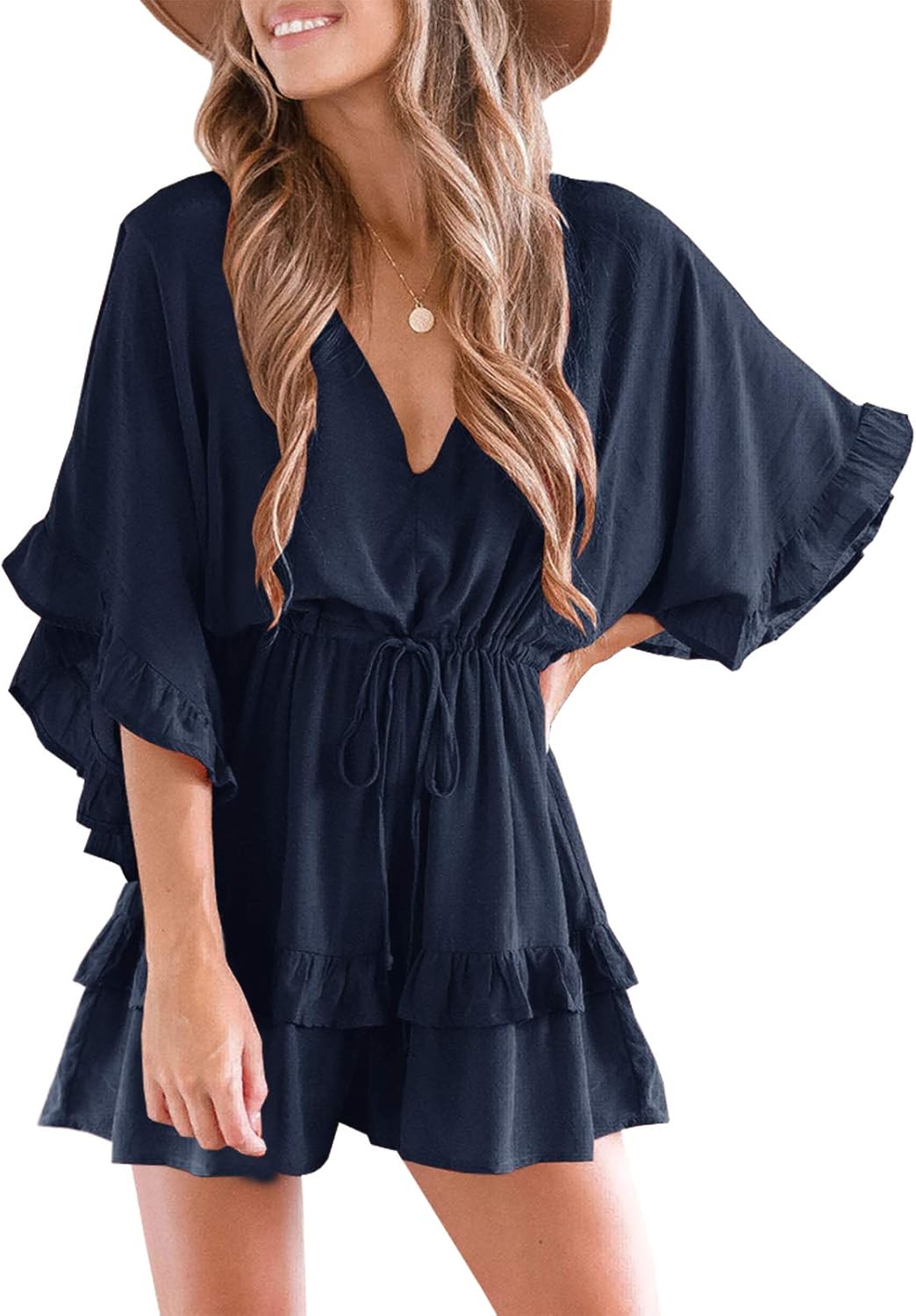 Valphsio Womens V Neck Beach Romper Ruffle Layered Drawstring Waisted Shorts Jumpsuit Medium Navy