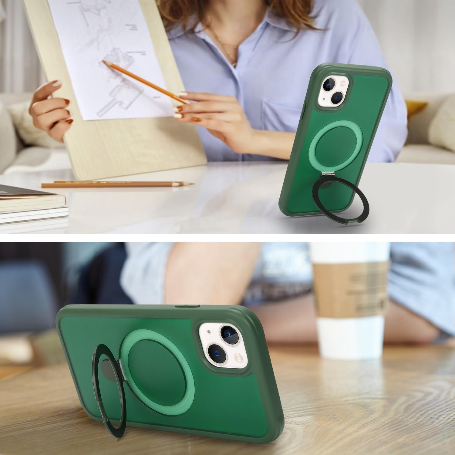 for iPhone 14 Case with Magnetic Ring Stand and Built-in Screen Protector,for Apple iPhone 13 Phone Cases with 360 Full Body Protective and magsafe for Men Women Gril-Dark Green - Image 4