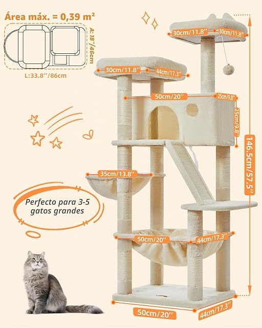 Foto 2 de 8 de Taoqimiao Rascador para Gatos 146cm, Árbol para Gatos Grandes, 8 Postes de Sisal para Arañar, Panel Rascador