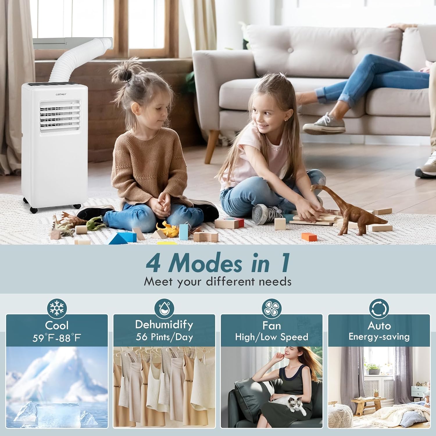 Graphic illustrating the four operating modes: Cool, Dehumidify, Fan, and Auto, with their respective functions.