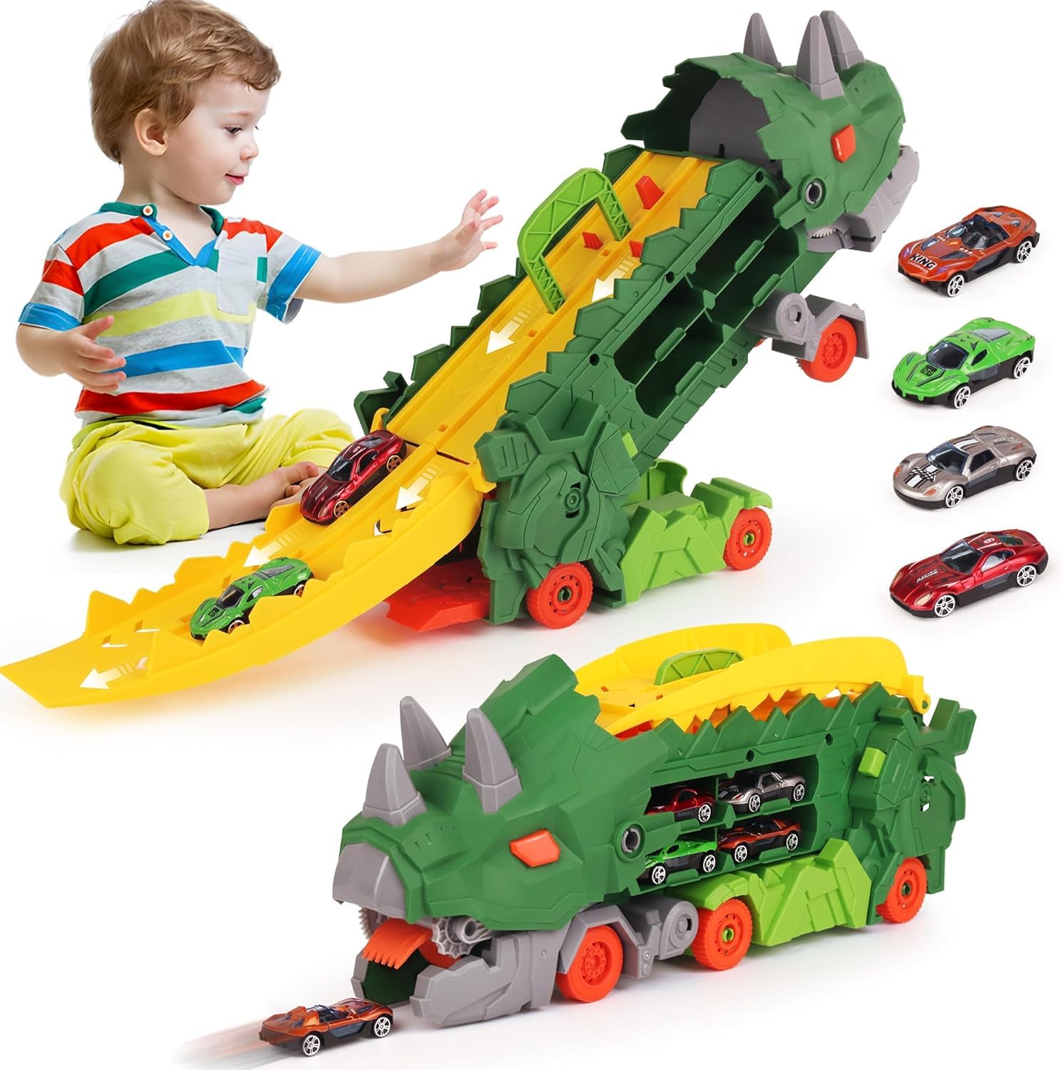Giant Dinosaur Transport Carrier Trucks for Toddlers 3-8,Transforms into Stomping Triceratops with Race Track,Kids Birthday Gifts,Dinosaur Monsters Truck Car Toys for3 4 5 6 7 8Year Old Boys（Green）