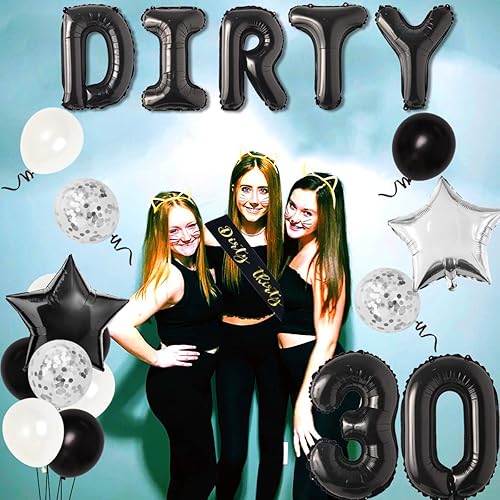 Miniatura 5 de Decoraciones de fiesta de cumpleaños número 30 plateado y negro, pancarta de los 30 Dirty Thirty Globo Dirty 30 Sash Cake Topper para ella Él 30