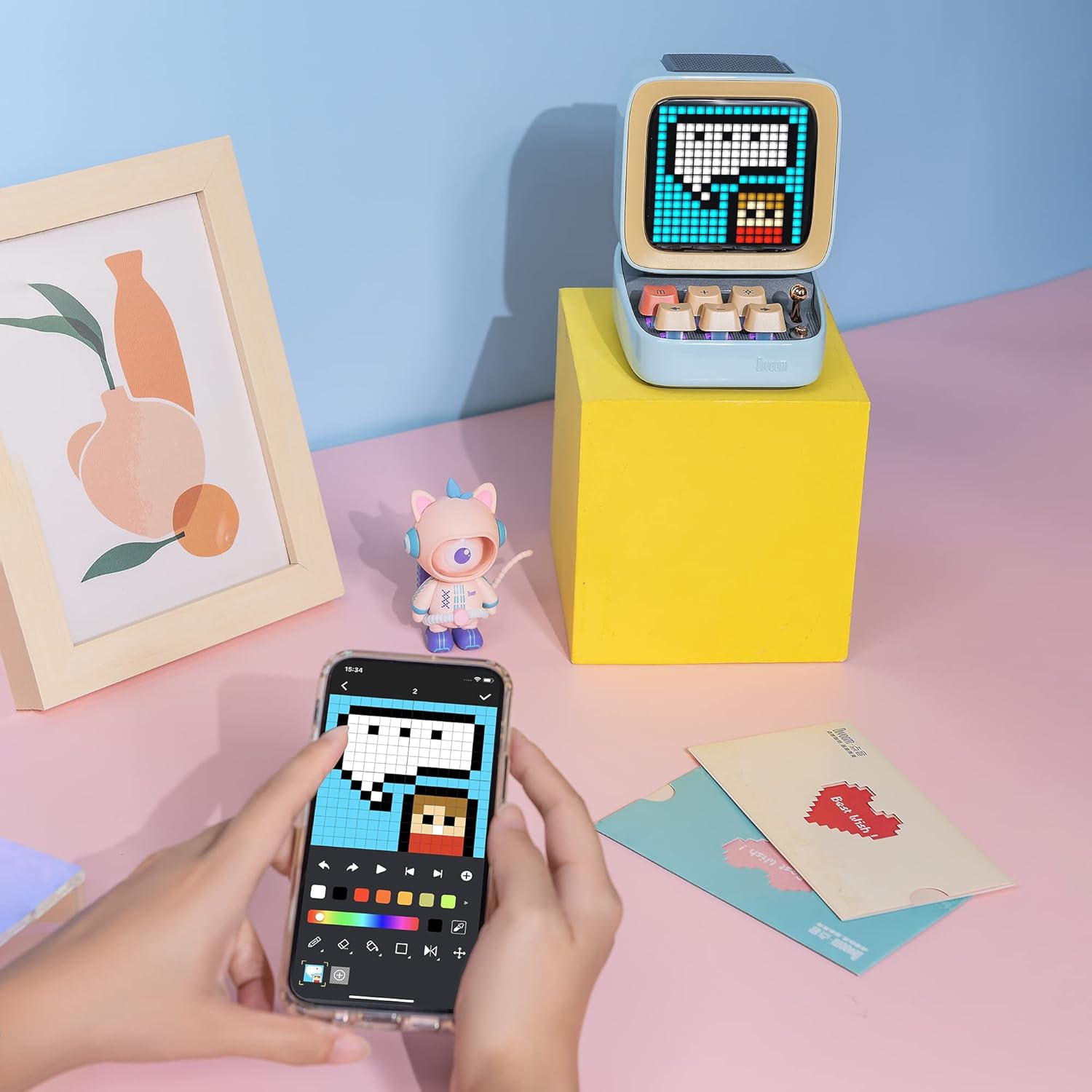 Smartphone screen showing the Divoom app for pixel art creation