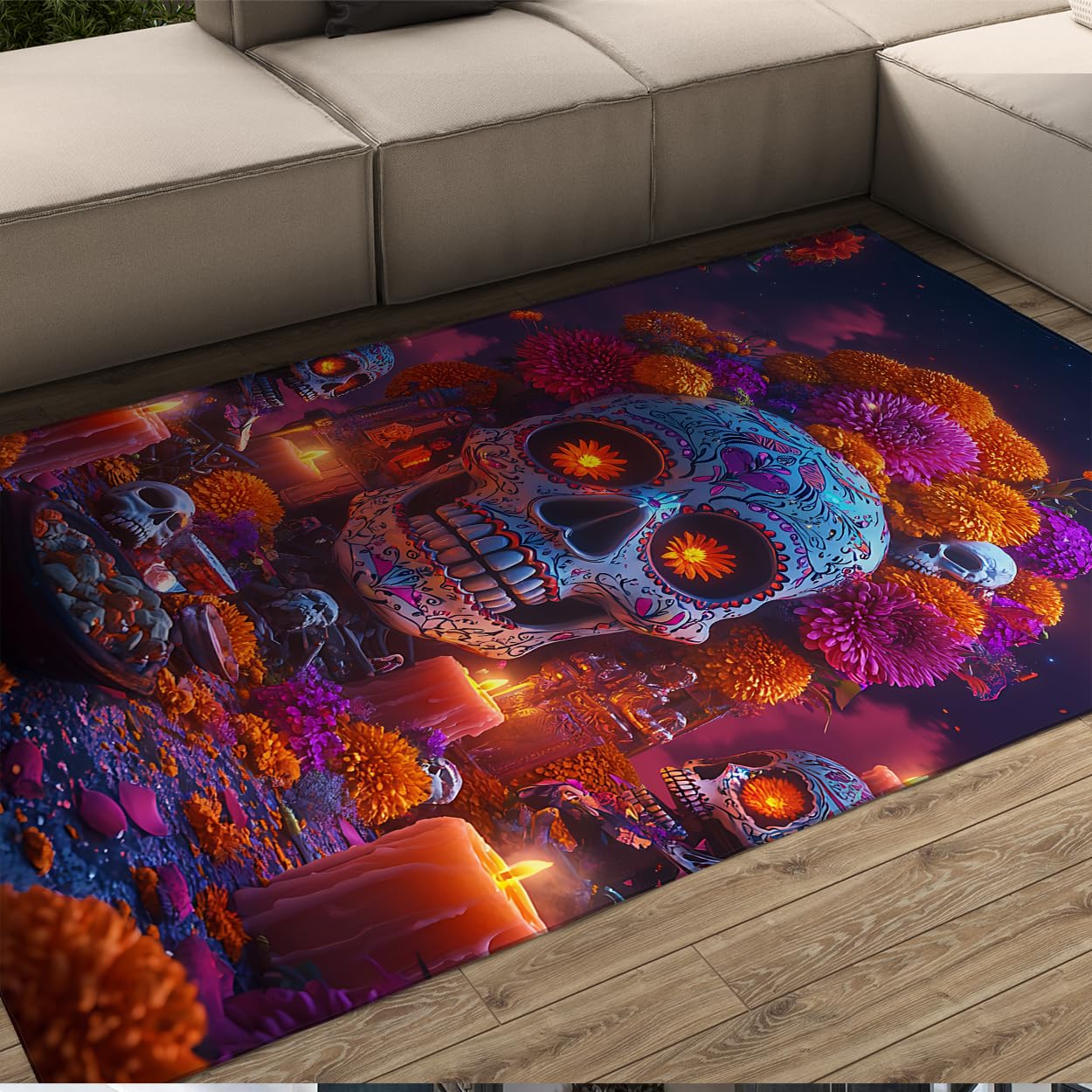 Boho kwiatowy 10 x 20 cm dywaniki kuchenne nadruk czaszki i nagietka mata podłogowa niski dywan do jadalni patio Halloween dzień zmarłych wystrój