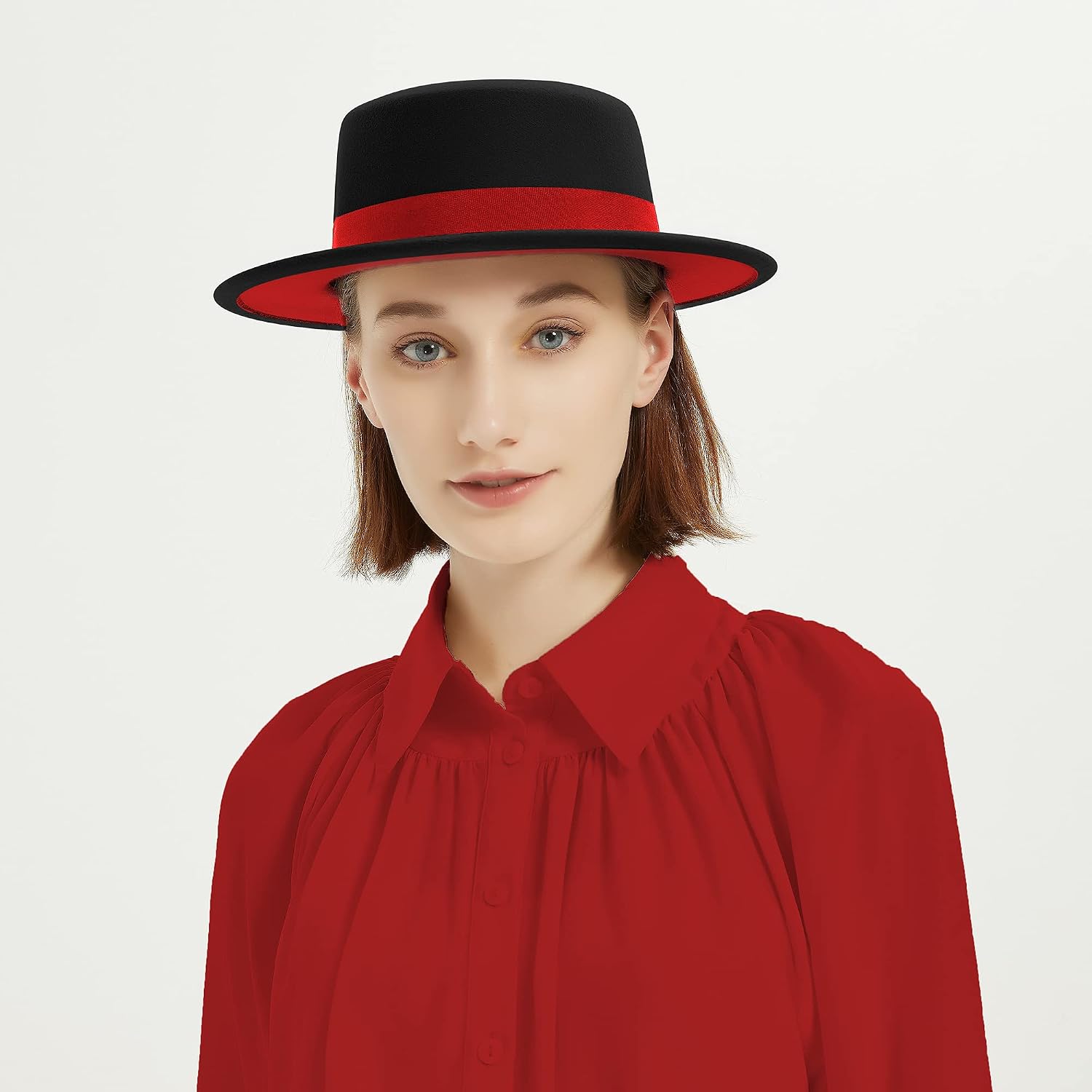 Classic Fedora Hat Two Tone Flat Top Hat with Band Wide Brim Pork Pie Hat Adjustable Patchwork Colors Panama Hat