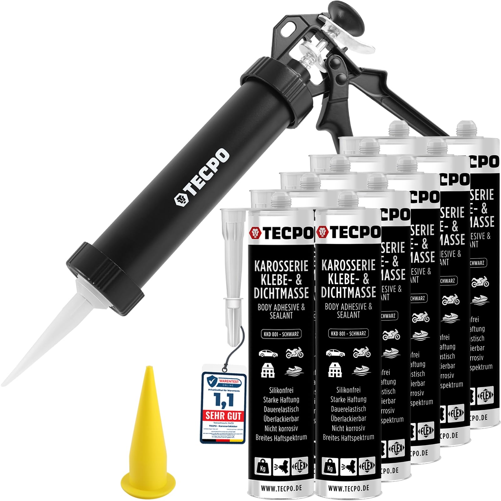 TECPO Klebe- und Dichtmasse, 10x 370g schwarz Karosseriekleber mit Aluminium Kartuschenpresse