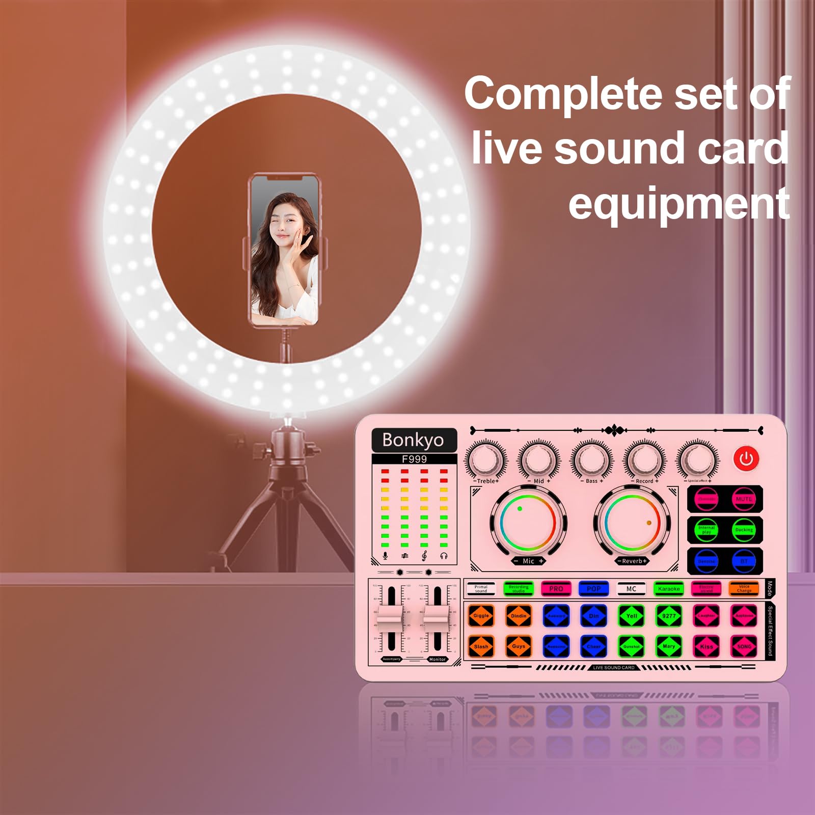 F999 - Scheda audio USB per live streaming, mixer audio professionale con riduzione del rumore, Bluetooth, batteria integrata, interfaccia audio e cambia voce, mixer DJ per live/gioco/podcast/karaoke