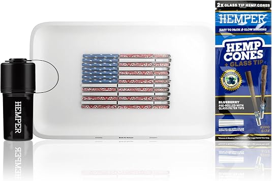 Hemper Keeper Black with Make America Lit Again Rolling Tray Medium & 2PK King Size Pre-Rolled Cones 12ct Blueberry Bundle 3in1 Herb Grinder, Compact Rolling Tray & Glass-Tipped Cones