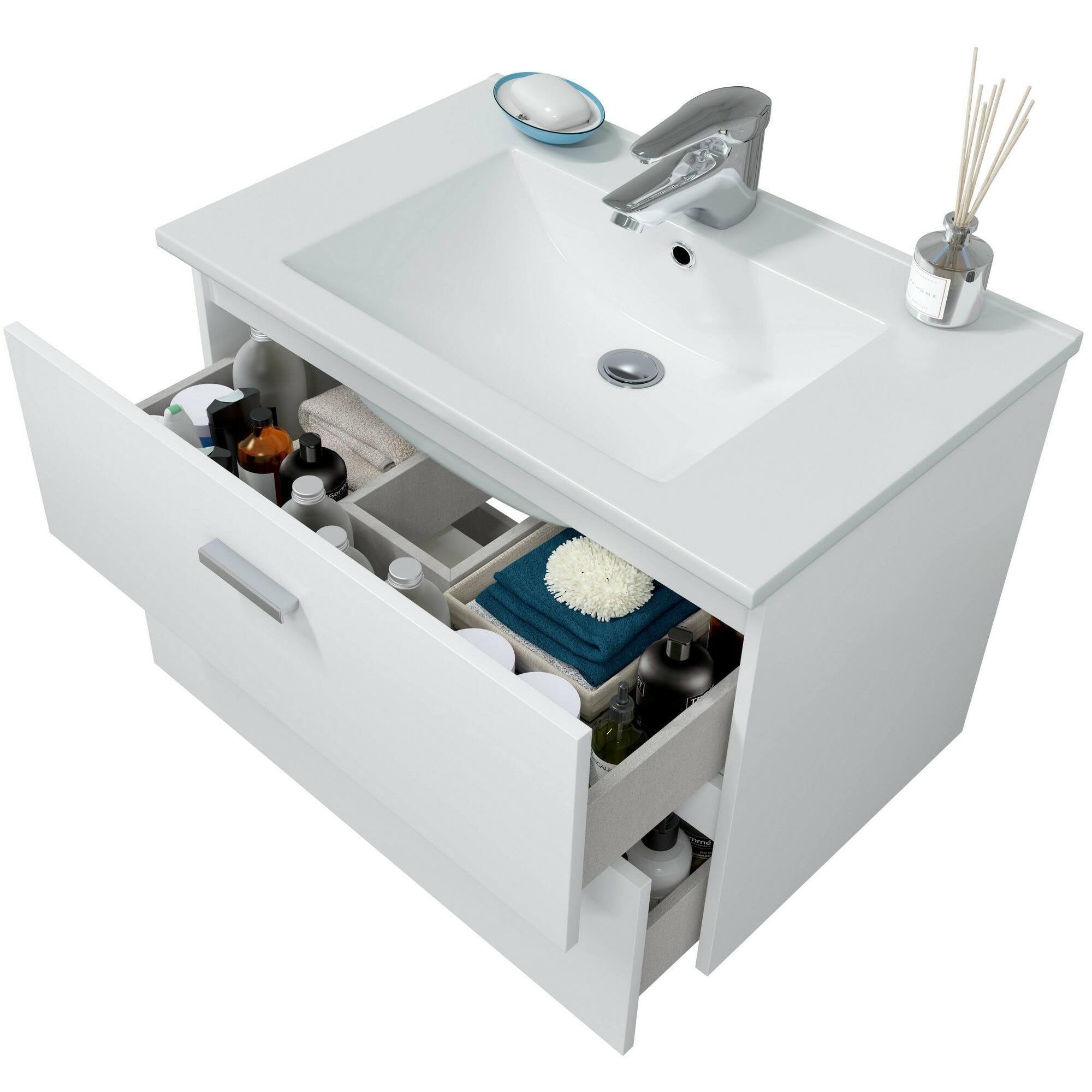 Dmora Mobile sottolavabo Denison, Mobiletto da Bagno, Contenitore Porta lavabo, Armadio per lavandino, 70x45 h50 cm, Bianco Lucido