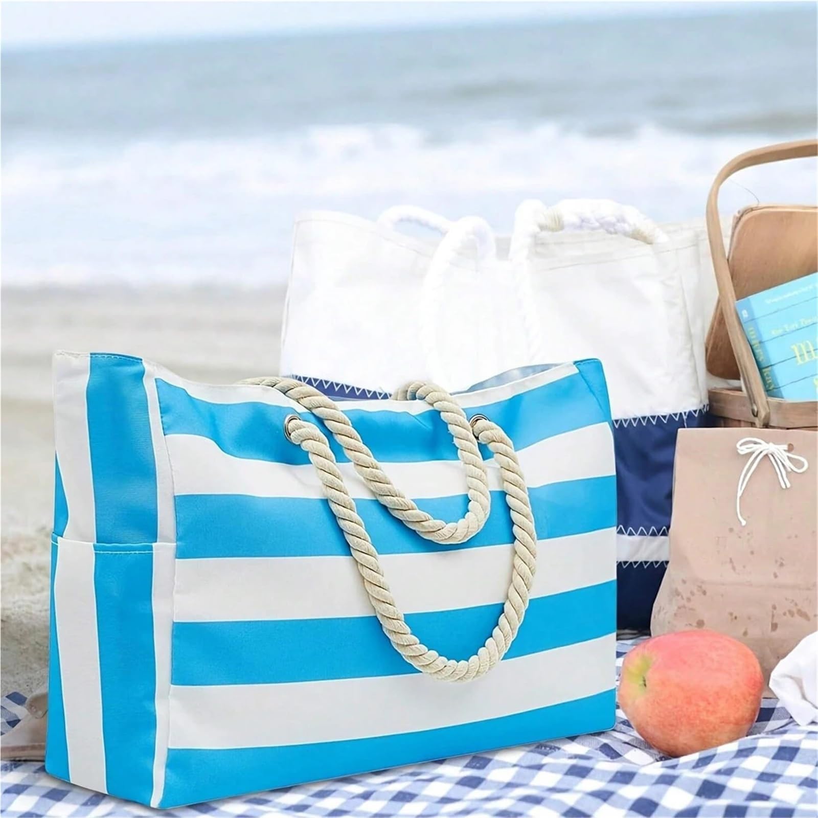 Bolsa De Playa Striped Canvas Summer Beach Bag, Large Capacity Shopping Bag Tote Bag For Travel,Ideal for Beach, Travel para Viajes A La Playa(Pink)