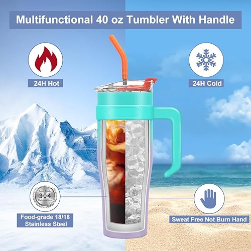 Miniatura 6 de Vaso de 40 onzas con asa y popote, taza de viaje de acero inoxidable aislada, mantiene el frío hasta 34 horas, a prueba de sudor, apto para
