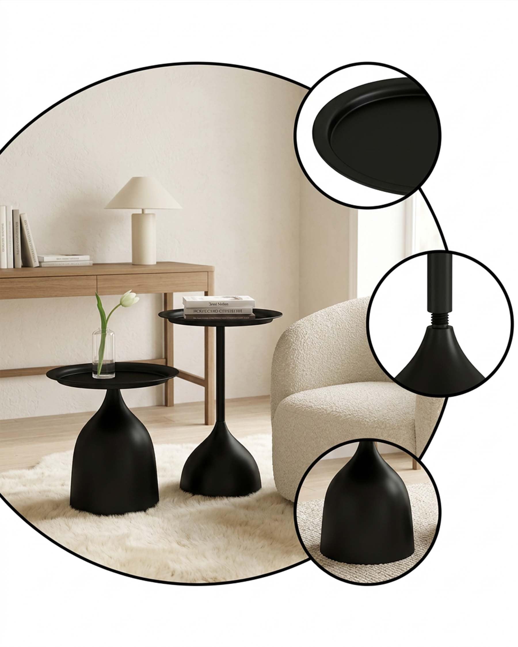Lot de 2 Table d'Appoint Noire en Métal, Bout de Canapé Design Rond, Petite Table Basse Salon ou Extérieur, Guéridon Moderne pour Espace Réduit, Hauteur 42/60cm