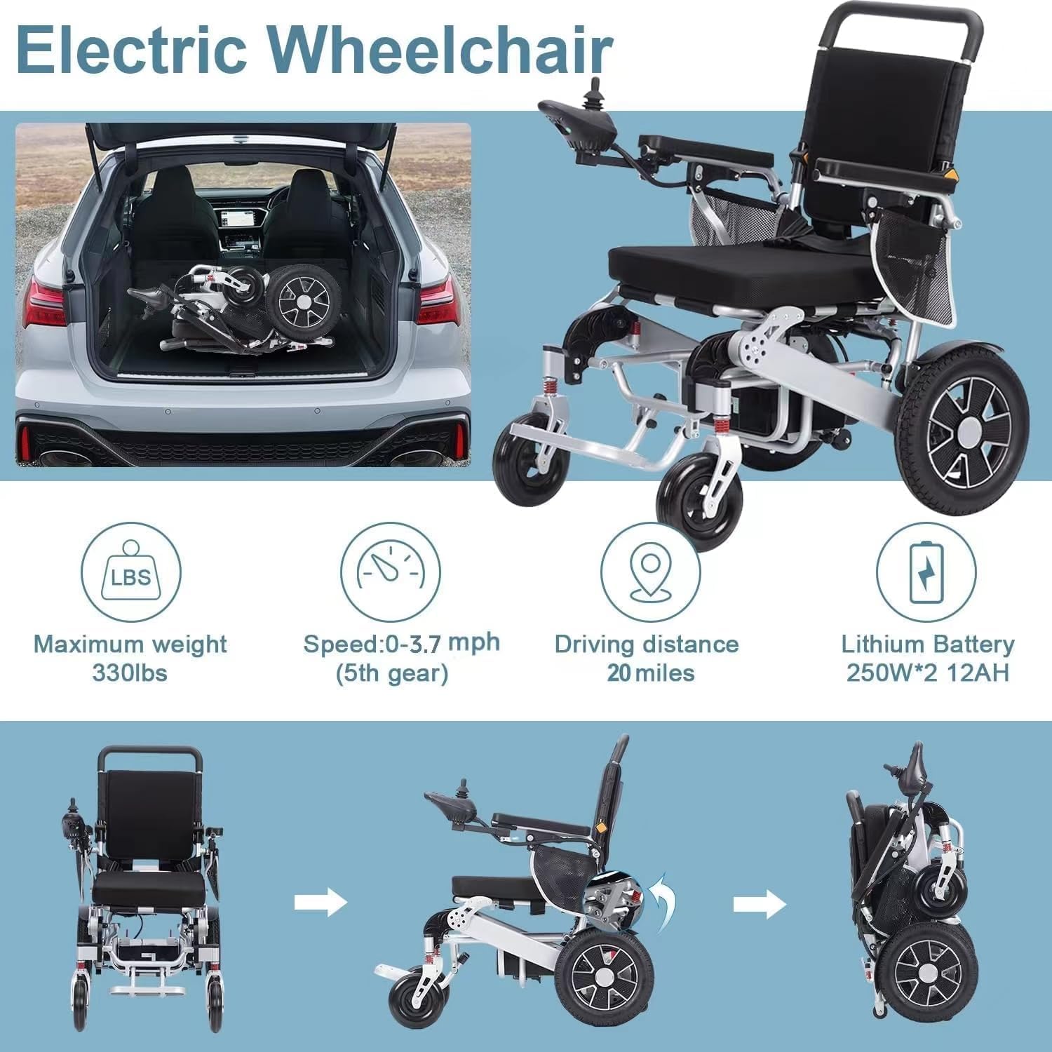 Fauteuil Roulant électrique Pliant Intelligent pour Adultes, fauteuils roulants pliants légers, fauteuils roulants pliants Portables, Fauteuil Roulant Durable,Black